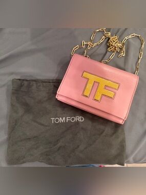 Tom Ford Pink Leather Mini Bag with Yellow TF Logo and Gold Chain